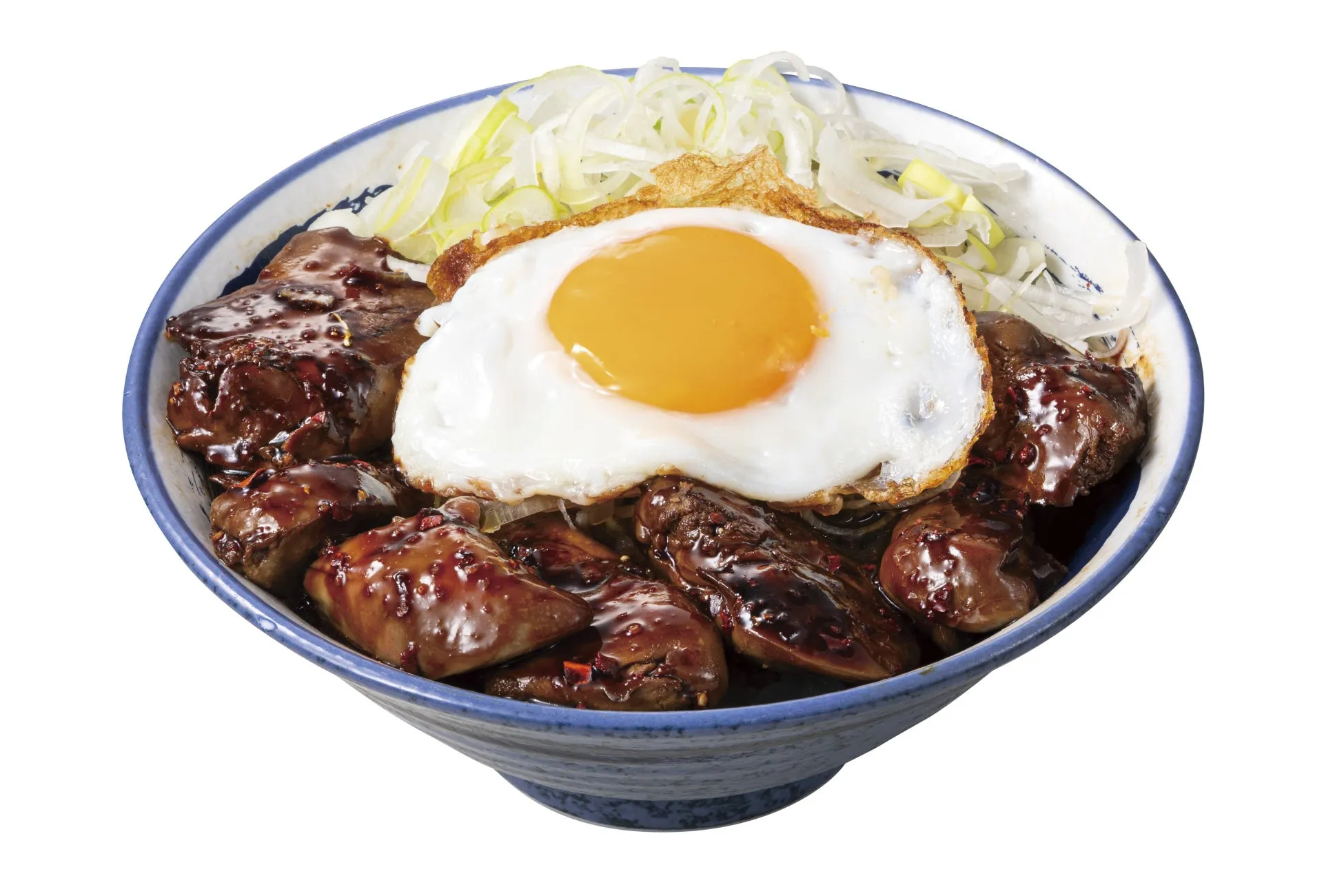 丼もの。鶏レバーと目玉焼きが乗っている。