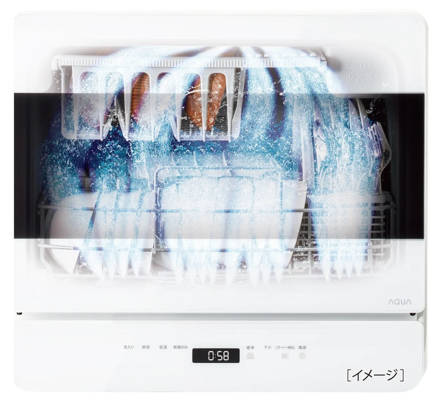 "食器洗い乾燥機の内部の様子を描いた画像。洗浄中の水流が視覚的に表現されており、食器がセットされた様子がわかる。"