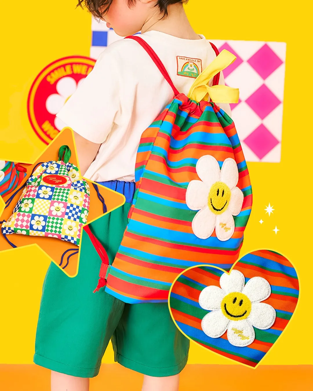 子供がスマイルフラワーの描かれたリュックサックを背負っている様子