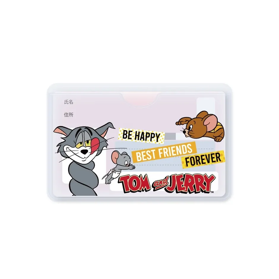 トムとジェリーのキャラクターが描かれたIDカードケース。トム、ジェリー、そして「BE HAPPY」「BEST FRIENDS FOREVER」といった文字がデザインされている。