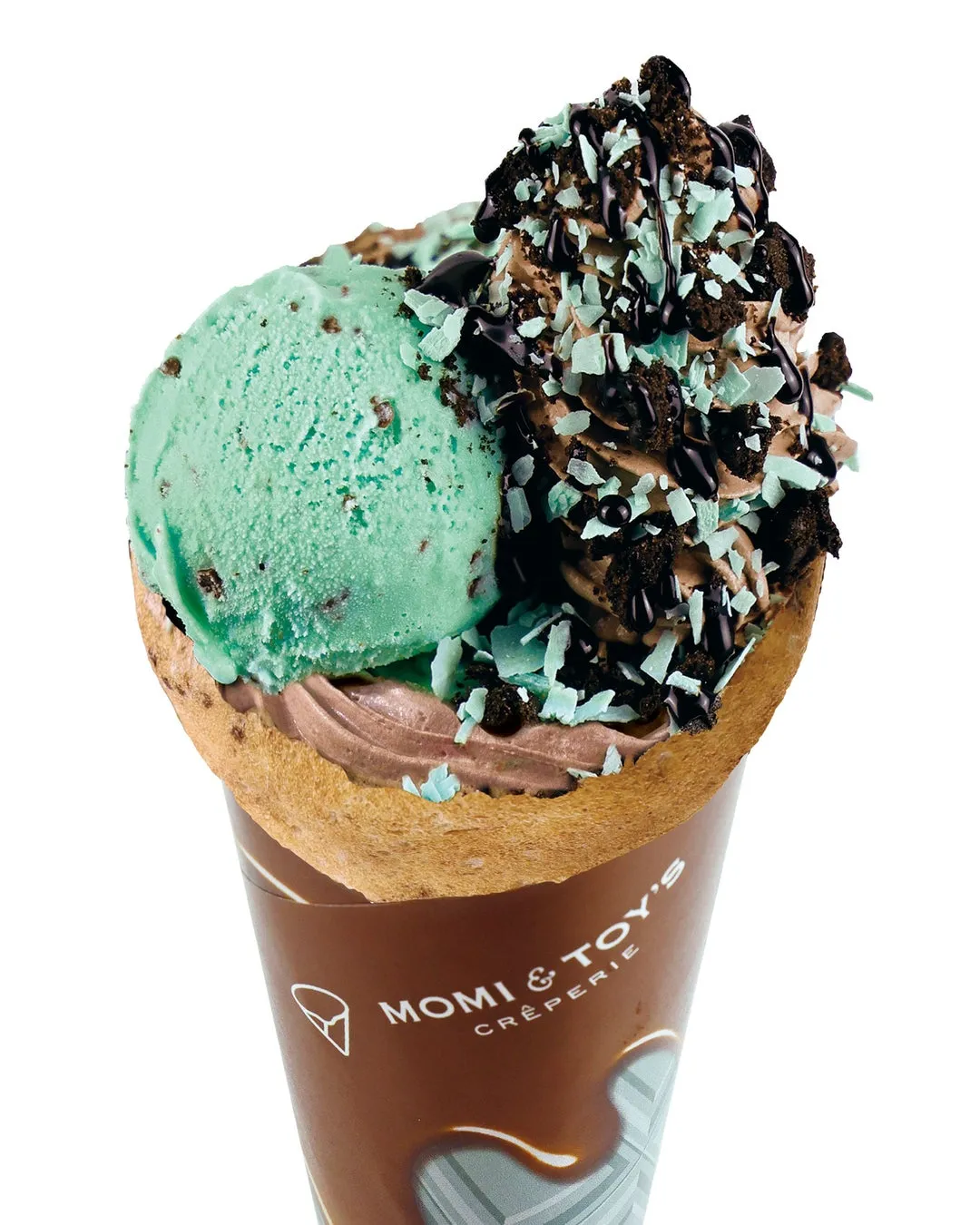 ミントアイスとチョコレートクリームがトッピングされたクレープの写真
