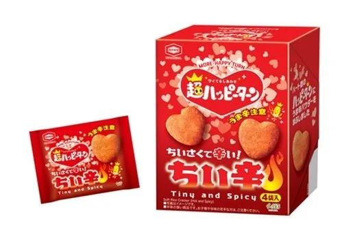 ハッピータン ちいい辛 Tiny and Spice 今ま辛注意 MORE HAPPY TURN ツイてるしあわせ 超ハッピーターン うま辛注意 ちいさくてい! ハートの ハッピターウェ うまパウダーを Tiny and Spicy 4個入 Sofracker and イメージです。 ●強いです。ご注意ください。