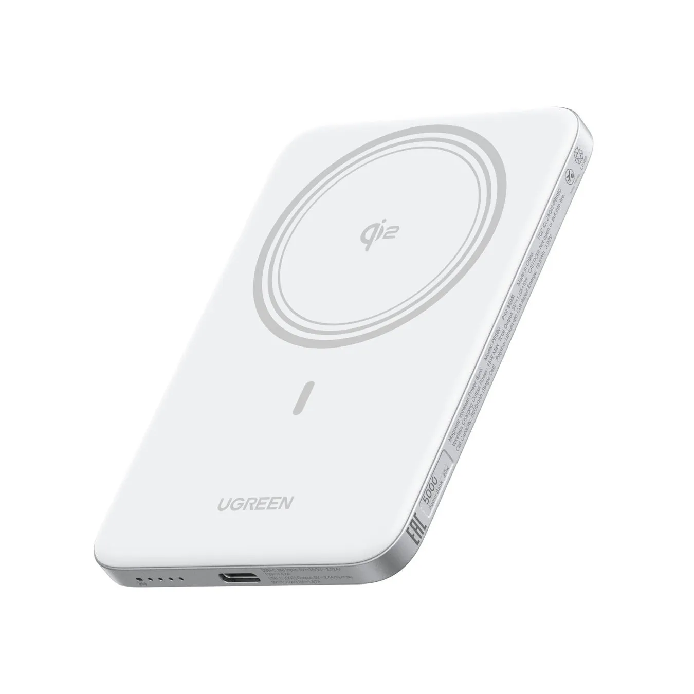 白を基調としたUgreen製のワイヤレス充電器の画像。充電器の上面にはQiのロゴと充電パッドのデザインが施され、側面にはUSBポートと電源ボタンが見える。製品の型番や仕様に関するテキストも表示されている。