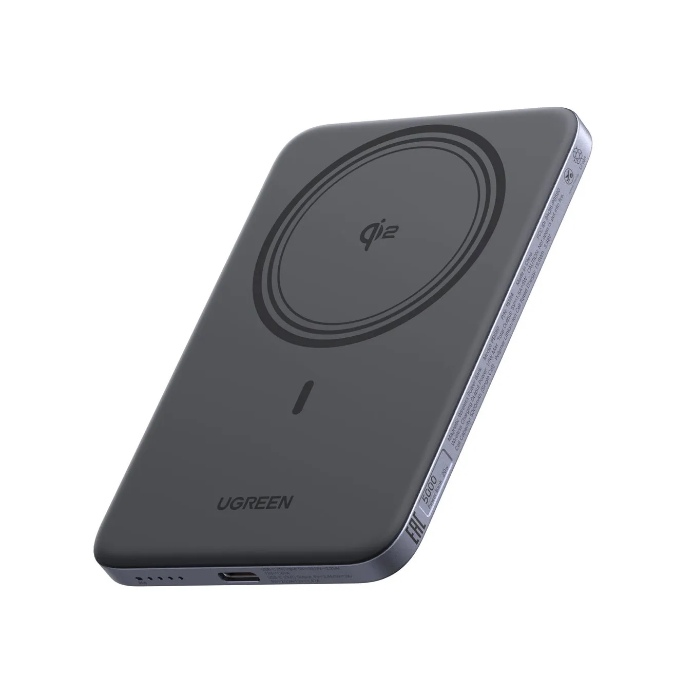 UGREEN製のワイヤレス充電対応モバイルバッテリーの画像です。製品本体には、ワイヤレス充電を示す「qiz」のマーク、UGREENのロゴ、製品情報などが記載されています。