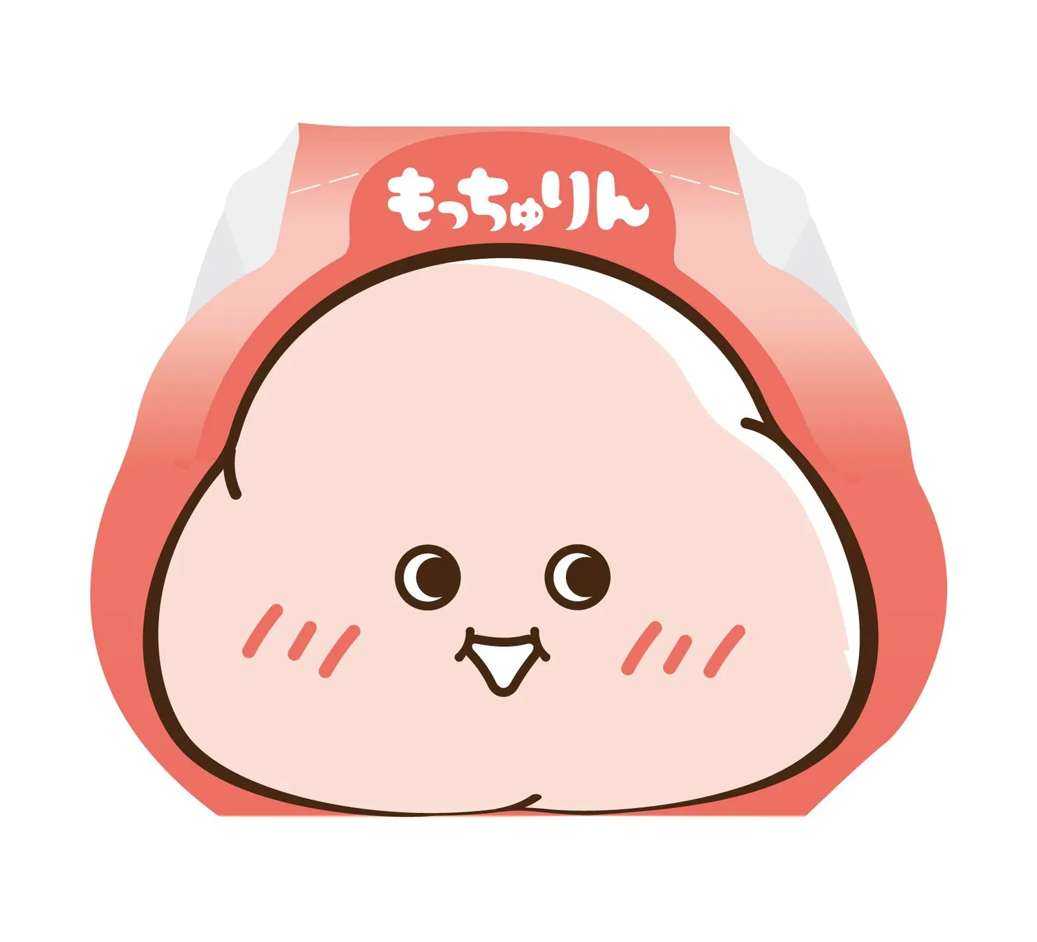 ピンク色のキャラクターのイラスト。顔には目、口、頬があり、キャラクターの周りには白いパッケージのようなものがあります。