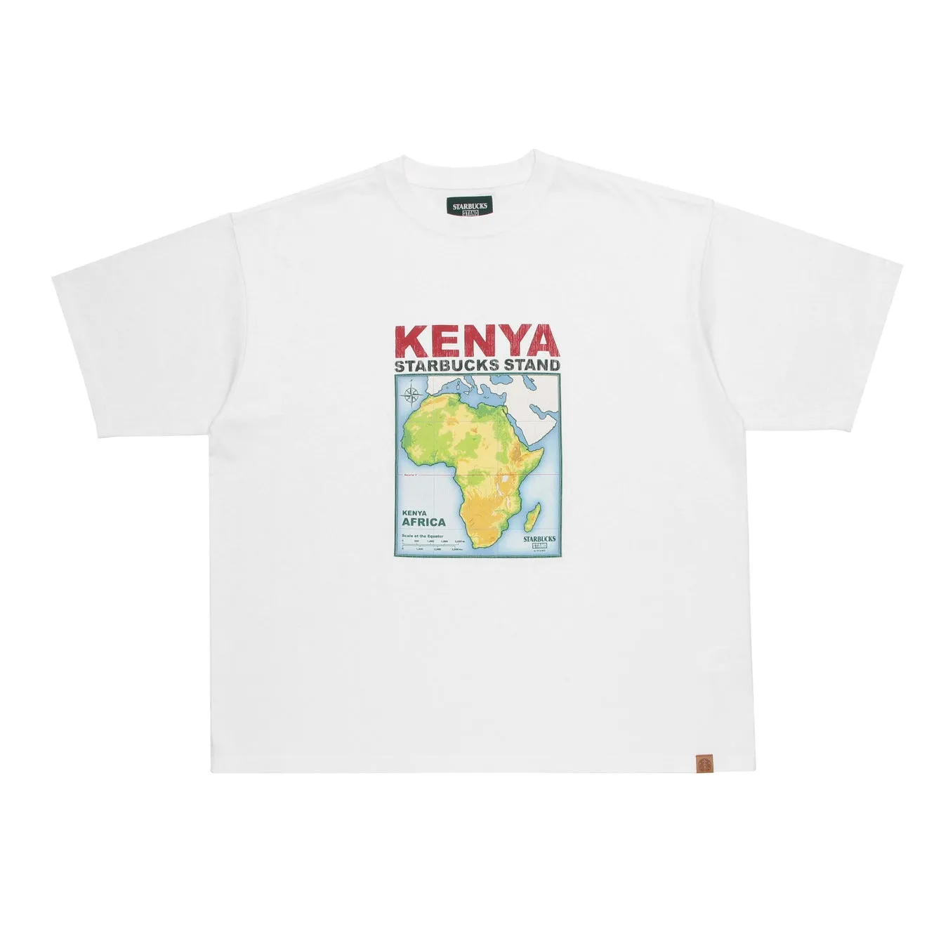 白いTシャツに、ケニアの地図と「KENYA STARBUCKS STAND」の文字がプリントされています。