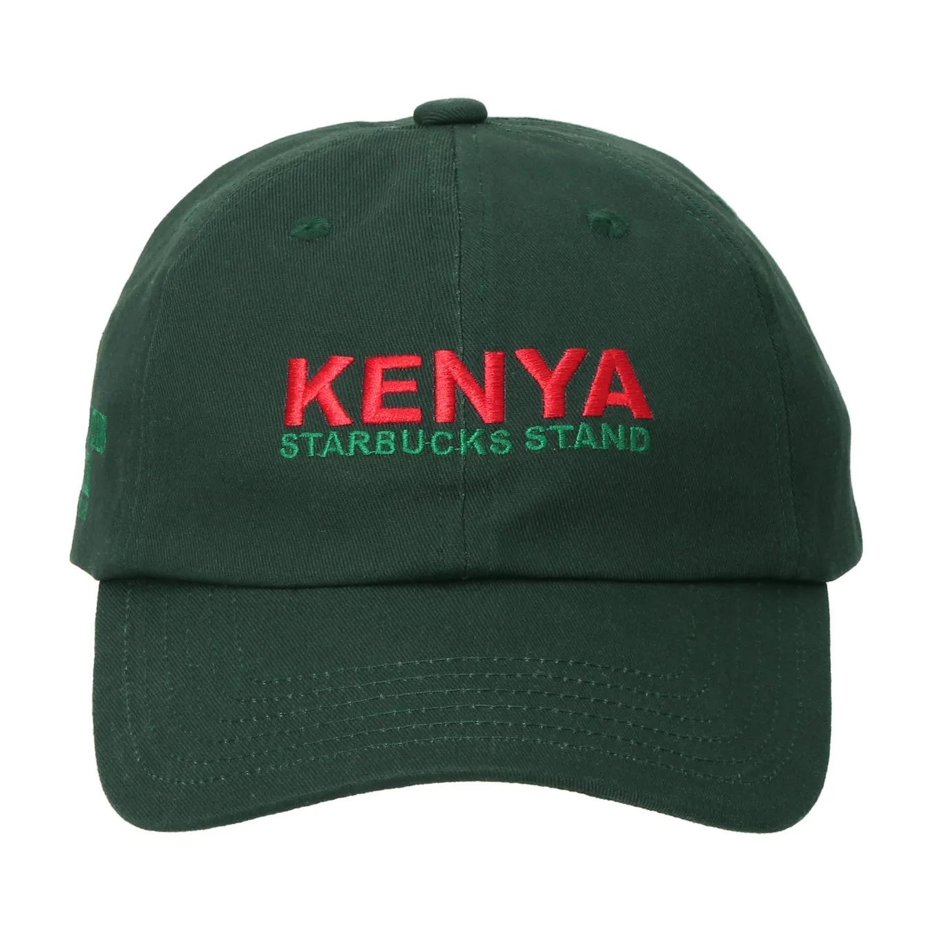 濃い緑色のキャップで、正面に「KENYA」と「STARBUCKS STAND」の文字が刺繍されています。
