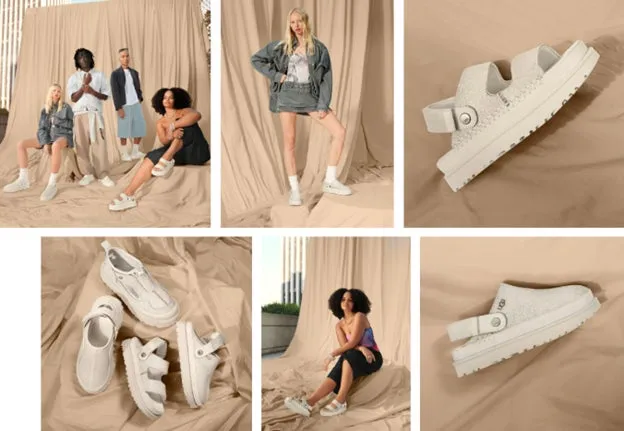 UGGの靴を履いたモデルと靴のクローズアップ
