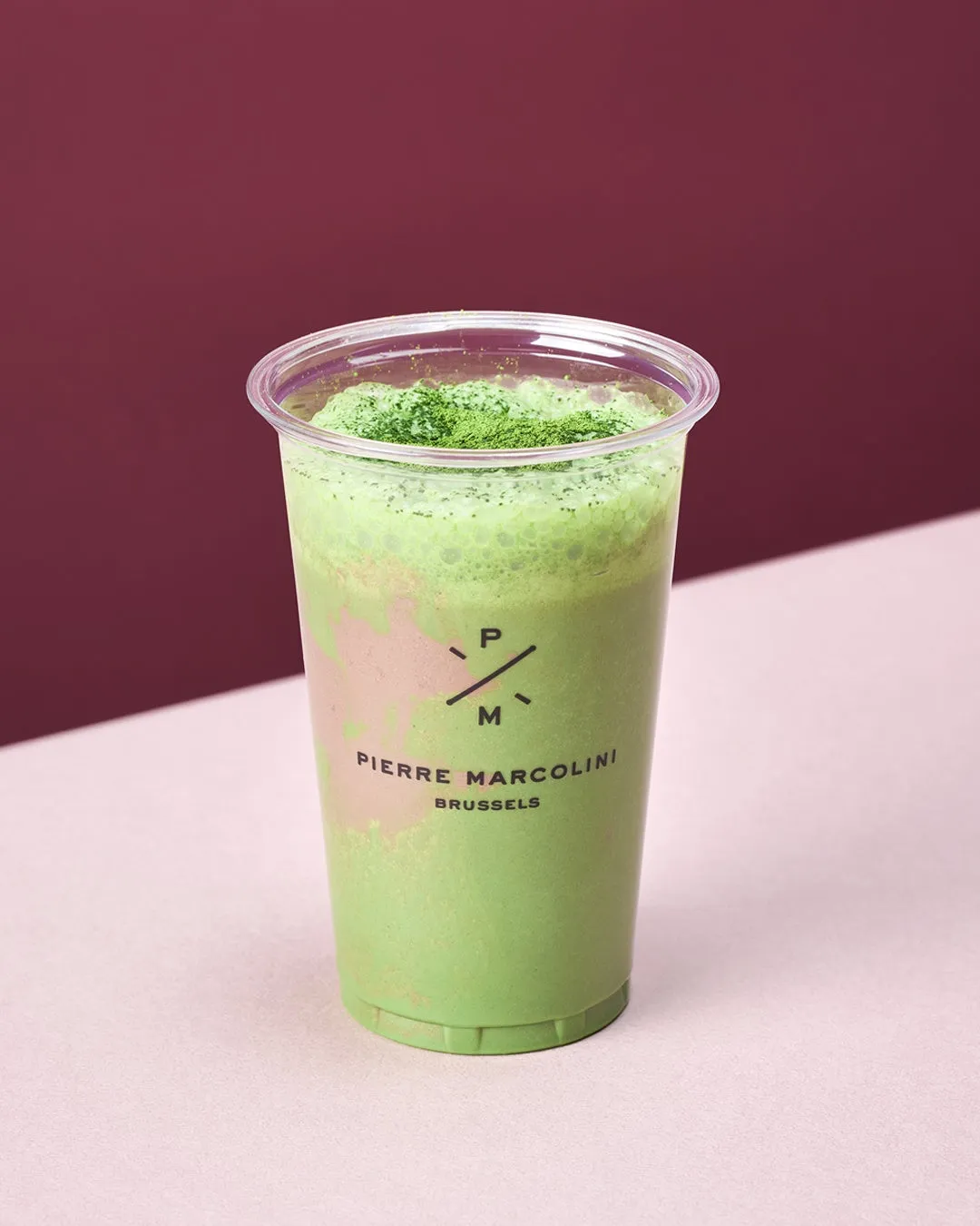 抹茶スムージー, 飲み物, 抹茶, ドリンク, カップ, 透明, プラスチック, ロゴ, ピエールマルコリーニ, ブルッセル