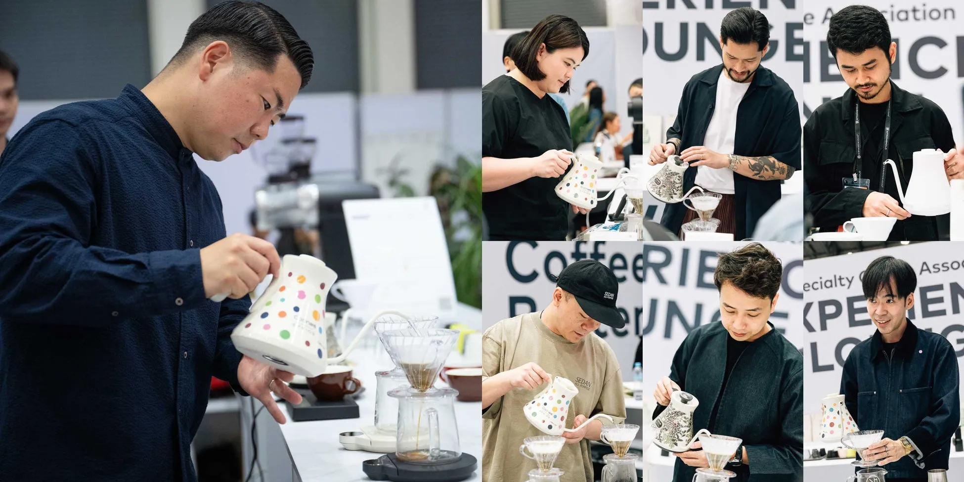 コーヒーを淹れているバリスタの集合写真。様々な人がドリッパーを使ってコーヒーを淹れている。