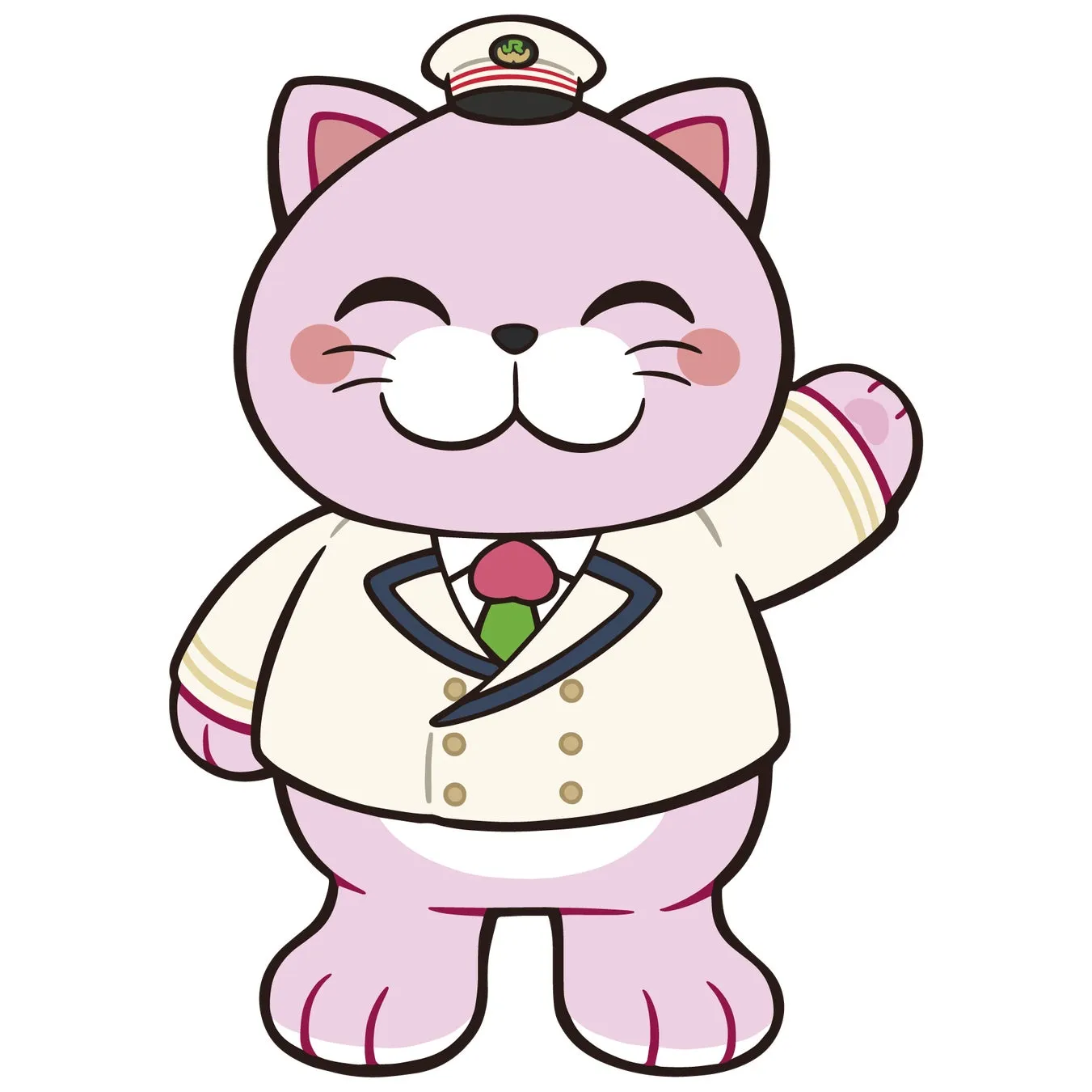 ピンク色の猫のキャラクターが、制服を着て手を振っているイラスト。