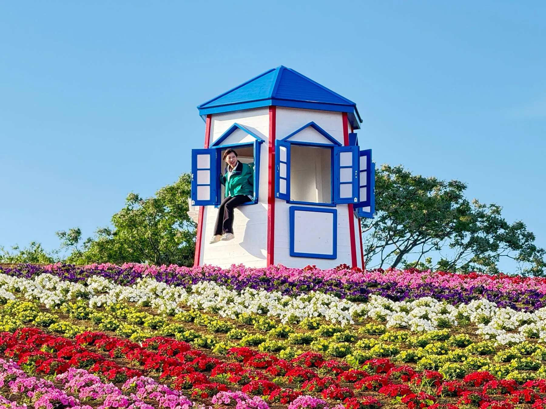 青い空の下、白い建物から女性が顔を出し、色とりどりの花が咲き乱れる様子