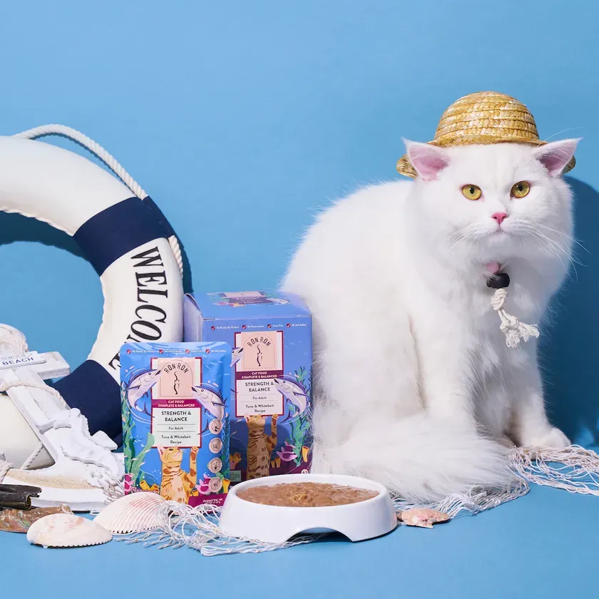 麦わら帽子をかぶった猫と猫用フードのパッケージ