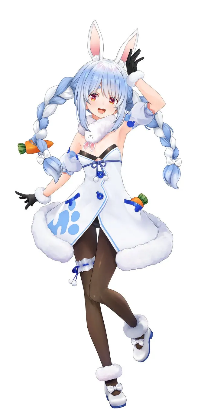 ホロライブ所属の兎耳のバーチャルYouTuber、兎田ぺこらのイラストです。白い衣装に身を包み、人参や兎のモチーフが特徴的です。