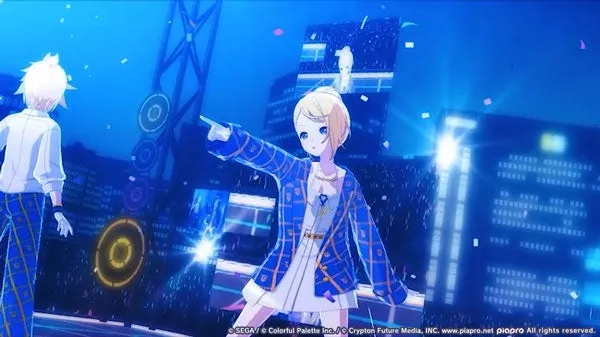 ステージでポーズをとるアニメの女の子。彼女は青いチェックのジャケットを着ており、もう一人の男の子と向かい合っている。