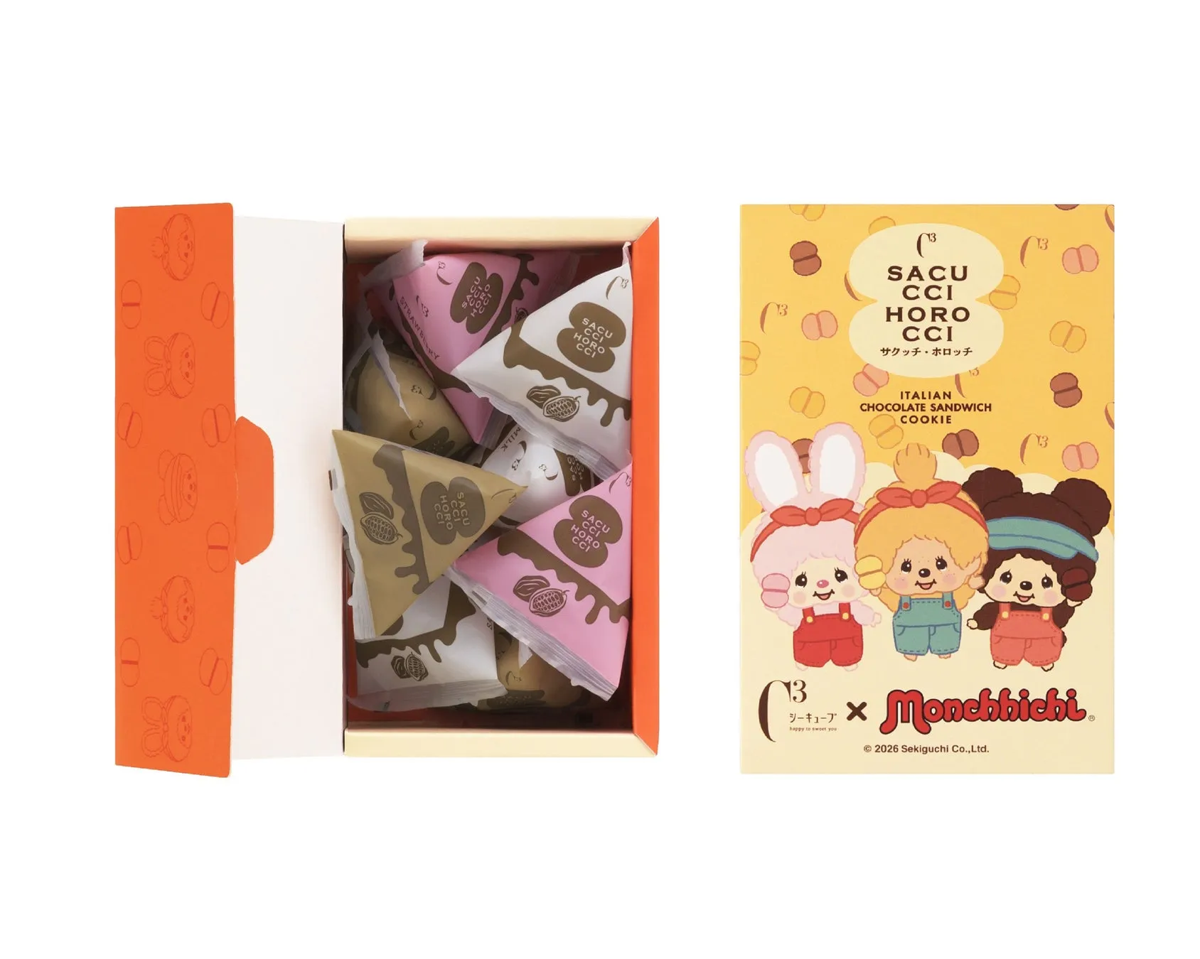 お菓子のパッケージの写真。箱の中には、三角のクッキーがいくつか入っており、パッケージには様々なキャラクターが描かれています。
