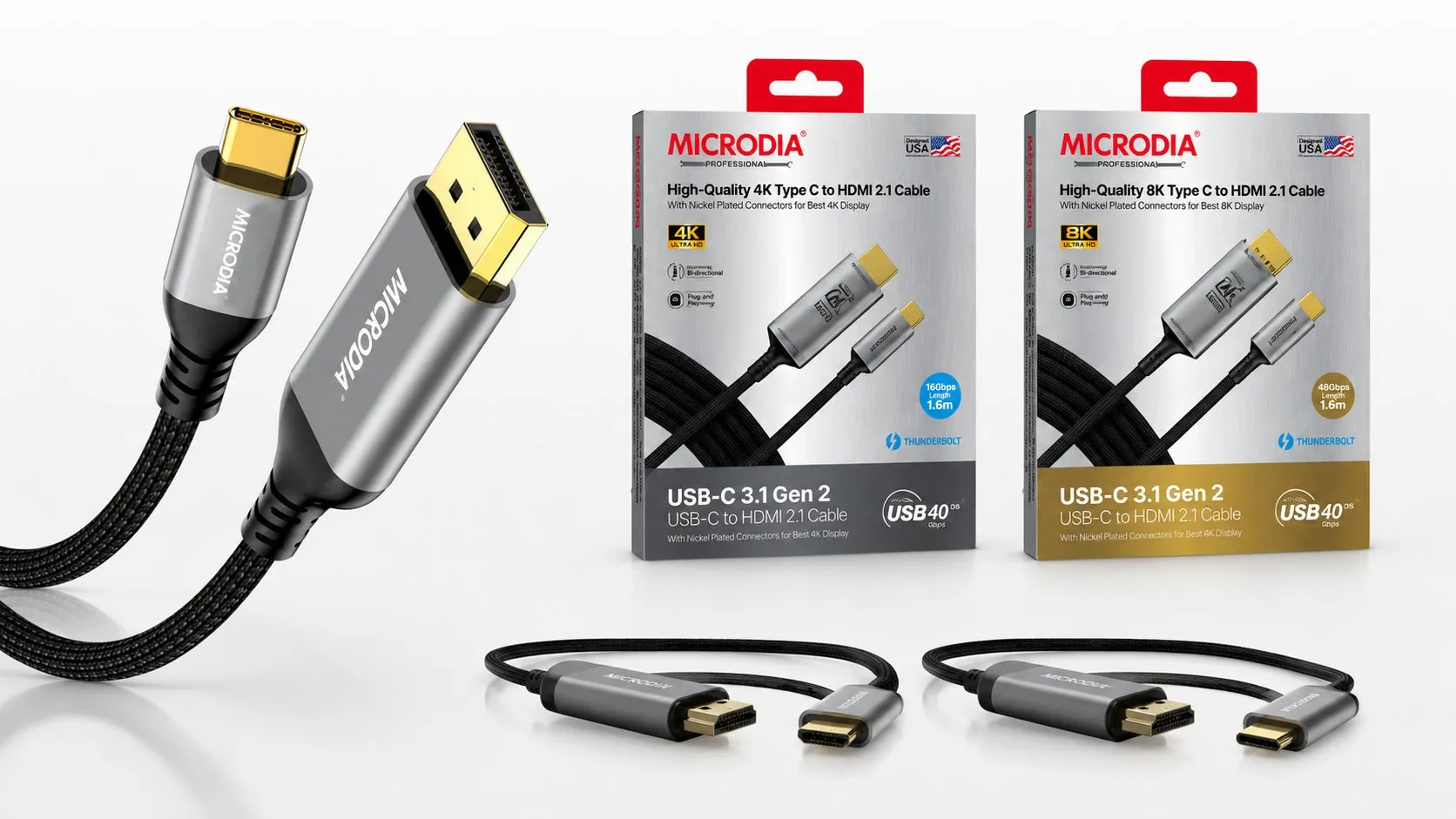 2種類のMicrodiaブランドのUSB-C to HDMI 2.1ケーブルの製品写真。4Kと8Kの解像度に対応しており、それぞれ異なるパッケージデザイン。