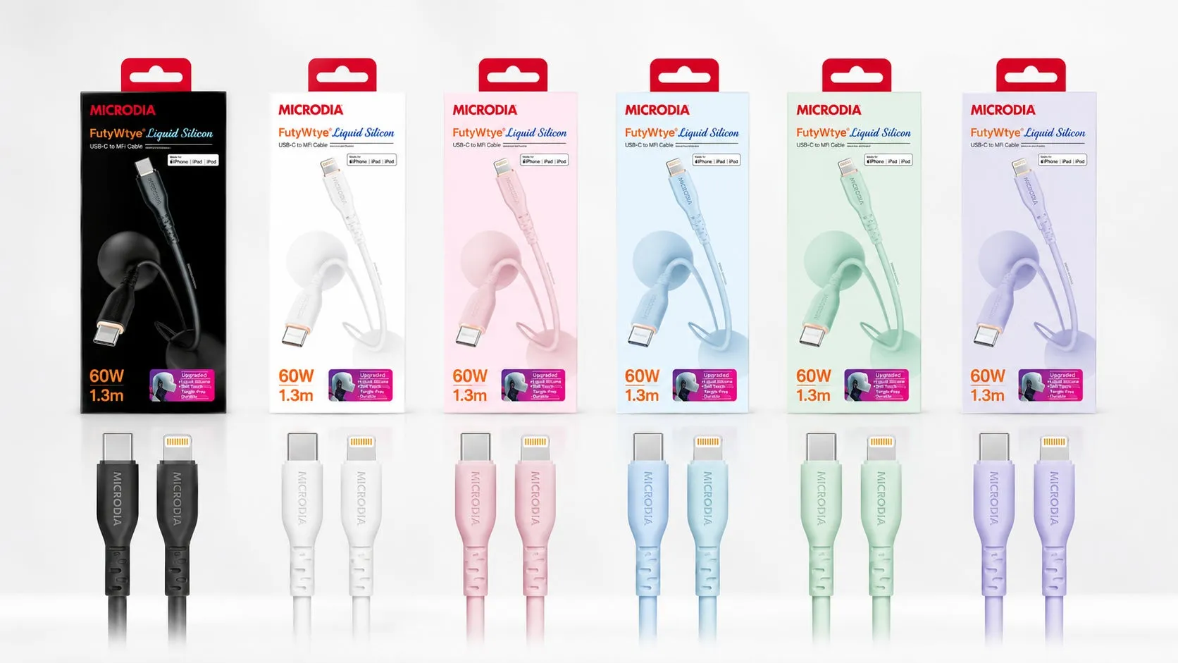 MICRODIAブランドのUSB-C to MFiケーブルの製品画像。黒、白、ピンク、青、緑、紫の6色展開で、各色のケーブルとパッケージが写っています。