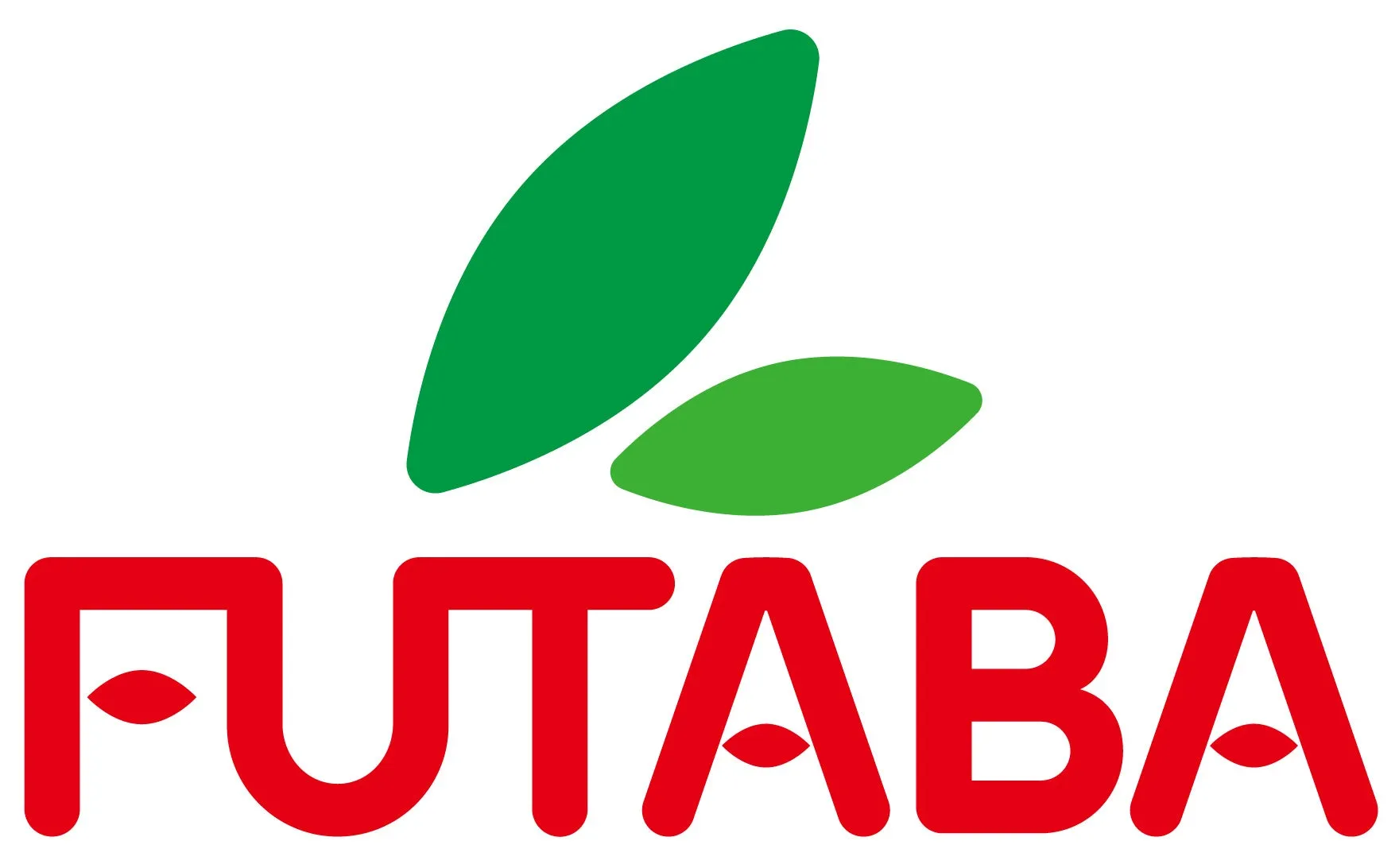 フタバのロゴ画像です。緑の葉のモチーフと赤い文字で「FUTABA」と表示されています。