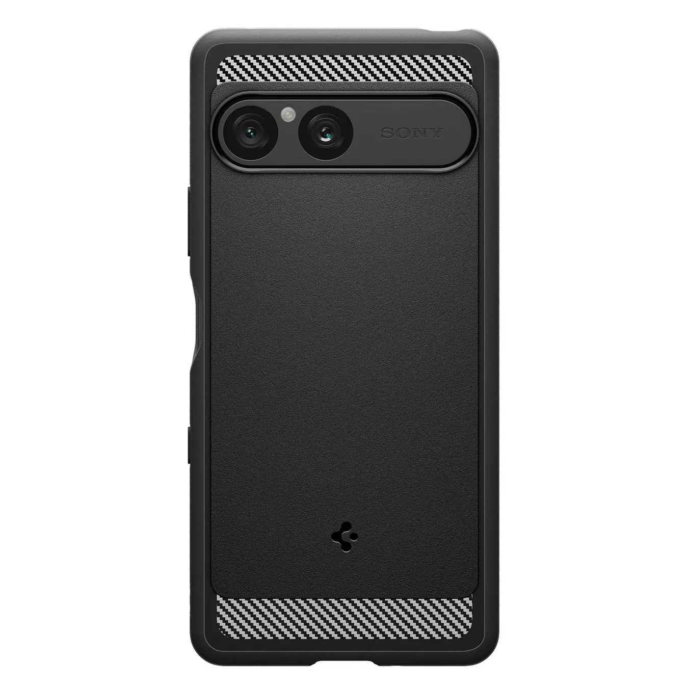 黒いスマートフォンケース。カメラレンズが2つあり、SONYのロゴが入っている。