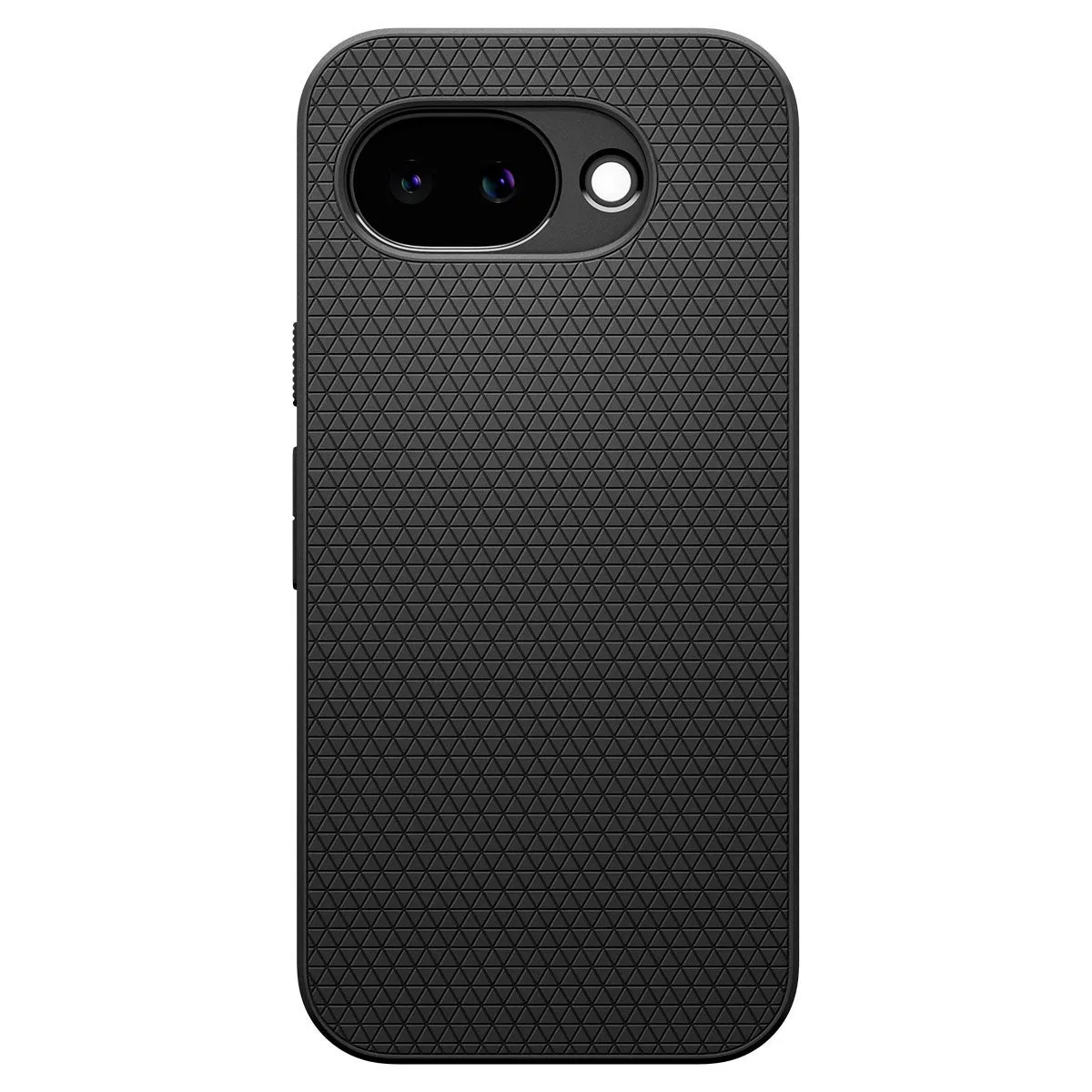 黒色のスマートフォンのケース。ケースの表面は小さな三角形で構成されたパターンで覆われており、レンズ部分の周りに穴がある。