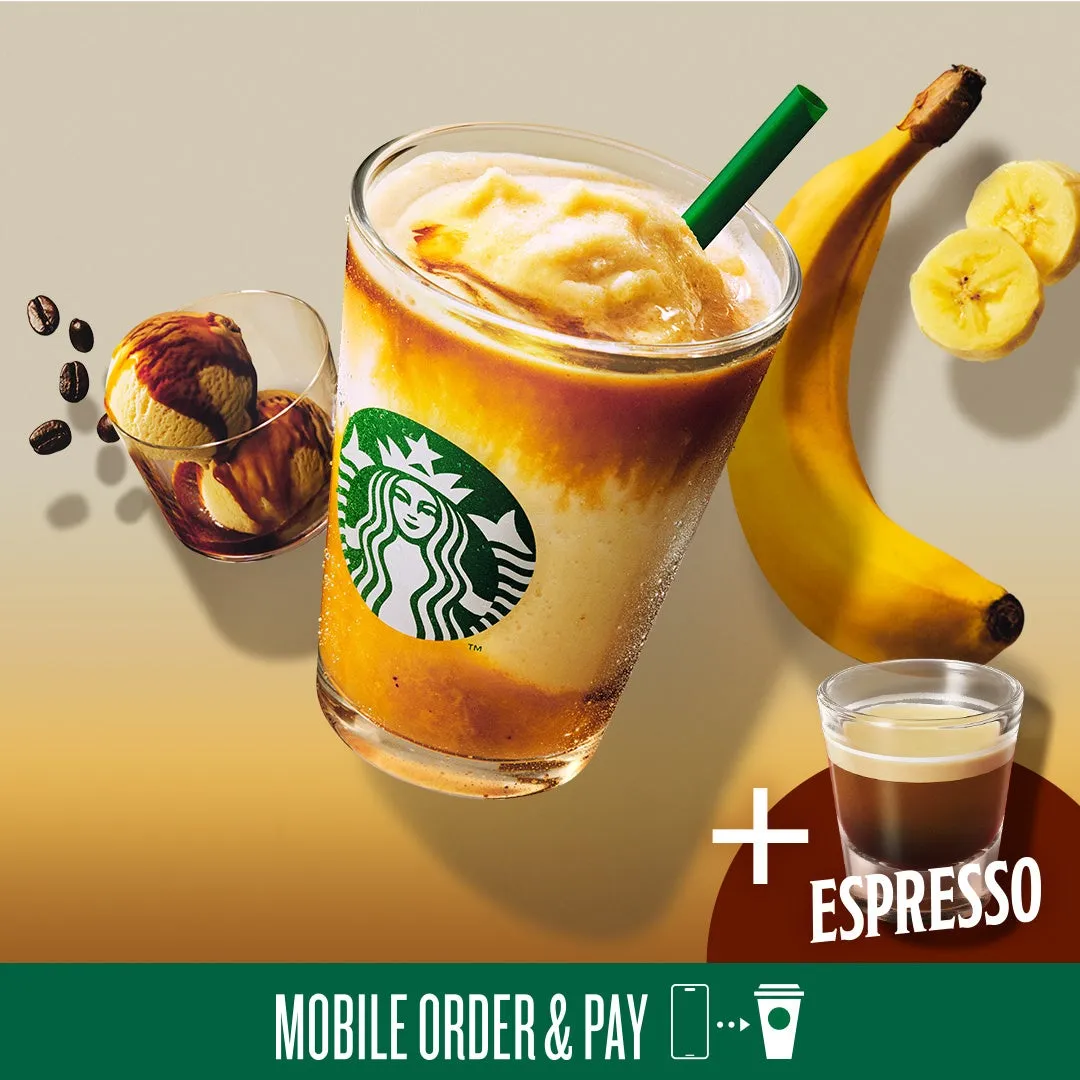 スターバックスのバナナフラペチーノの広告。バナナ、エスプレッソ、アイスクリームが添えられている。