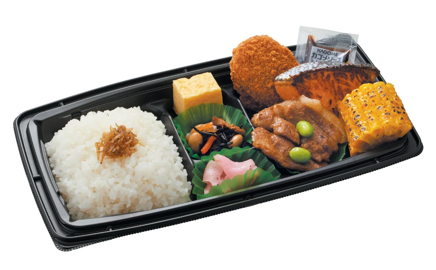 お弁当の画像です。ご飯、コロッケ、焼き鮭、豚肉、コーン、卵焼きなどが入っています。