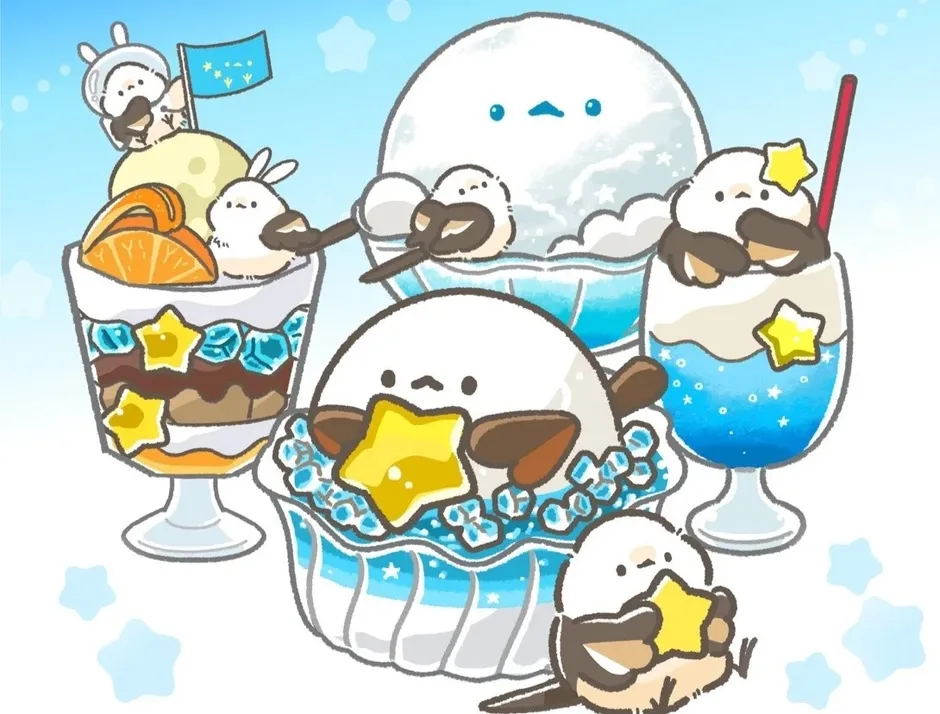 鳥のキャラクターが、様々なデザートに乗ったり、デザートを持ったりしているイラスト。背景は水色で、星が散りばめられている。