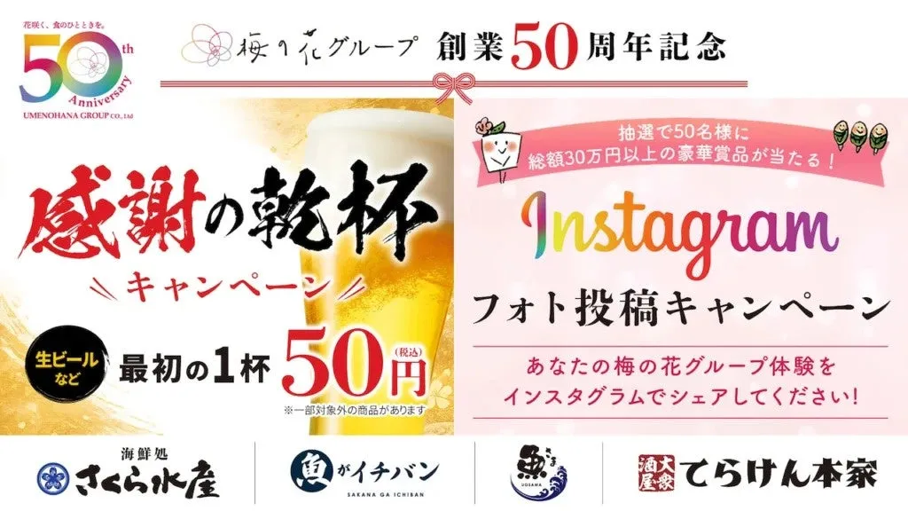 梅の花グループの創業50周年を記念したインスタグラム投稿キャンペーンの告知画像。感謝の乾杯キャンペーンとして、最初の1杯が50円になること、豪華賞品が当たる抽選について記載されている。