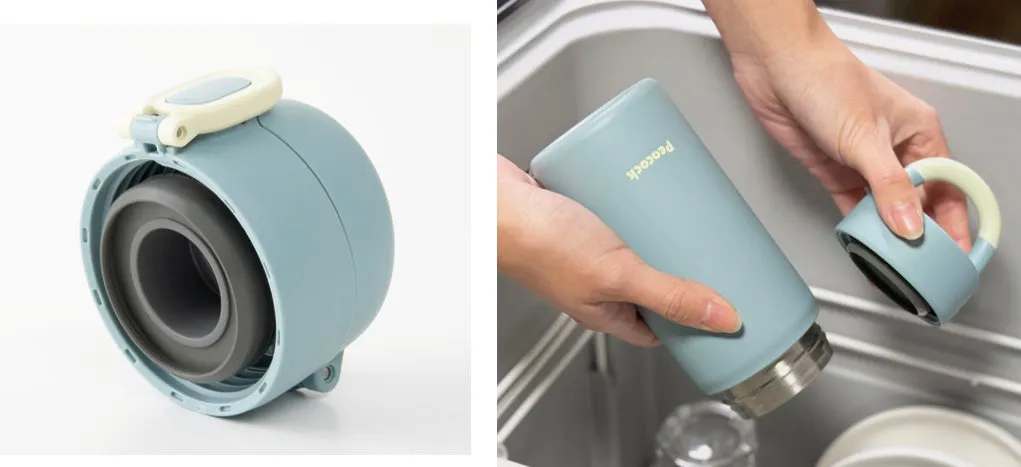 青いタンブラーの蓋と本体が写っている写真。左の画像は、タンブラーの蓋が分解された状態で、内側の構造がよく見えます。右の画像は、タンブラーの蓋を外して、水回りで洗っている様子です。