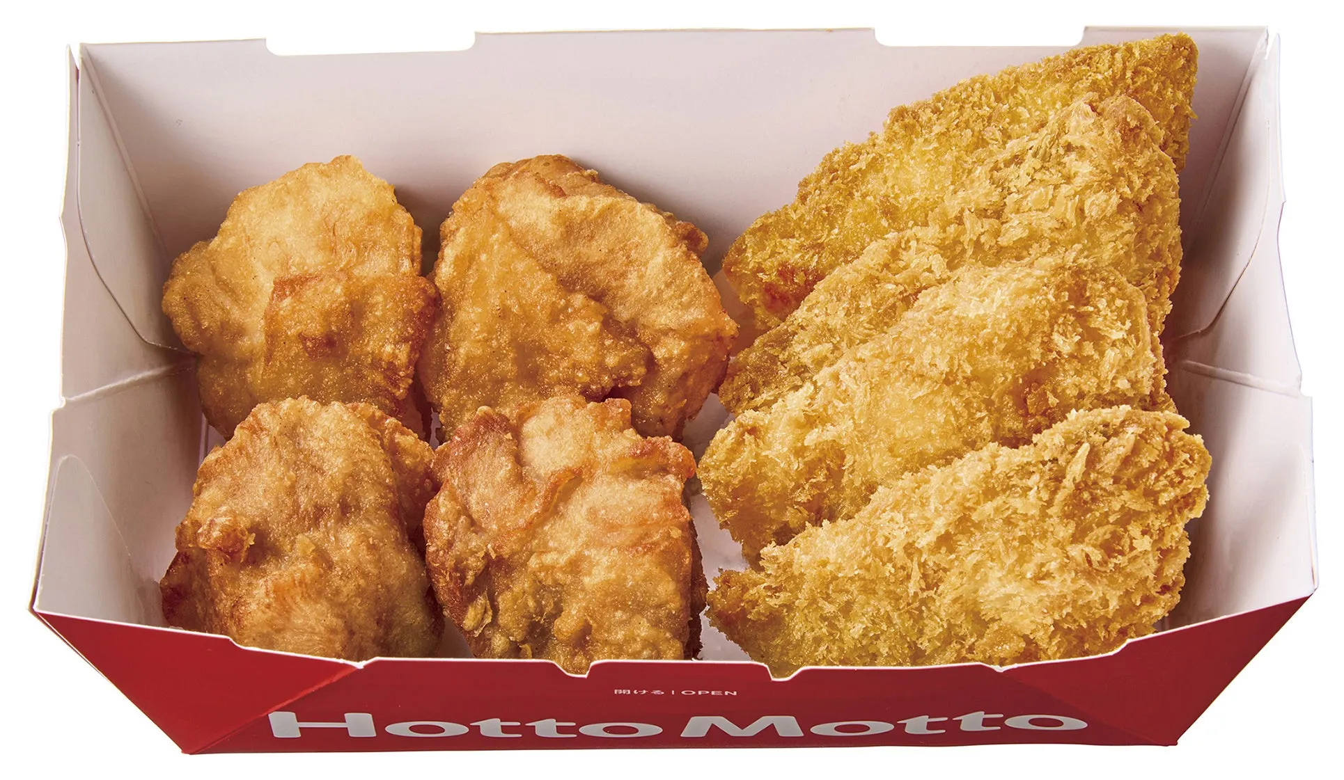 Hotto Mottoの揚げ物弁当の写真。 鶏の唐揚げと、衣の厚い揚げ物が入っている。