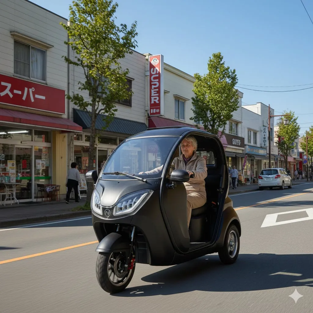 三輪の電動モビリティに乗った高齢女性が、日本の街並みを走行している様子。