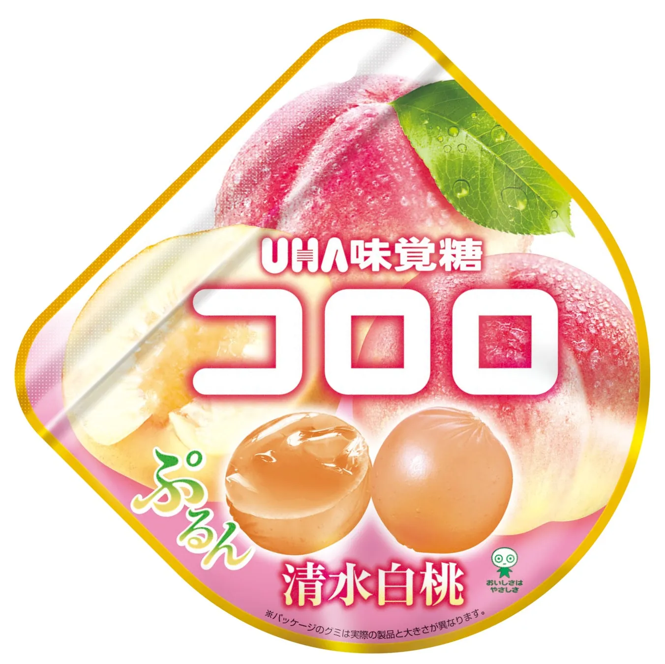 UHA味覚糖のコロロ清水白桃味のパッケージ。桃のイラストとグミの実写画像が描かれている。
