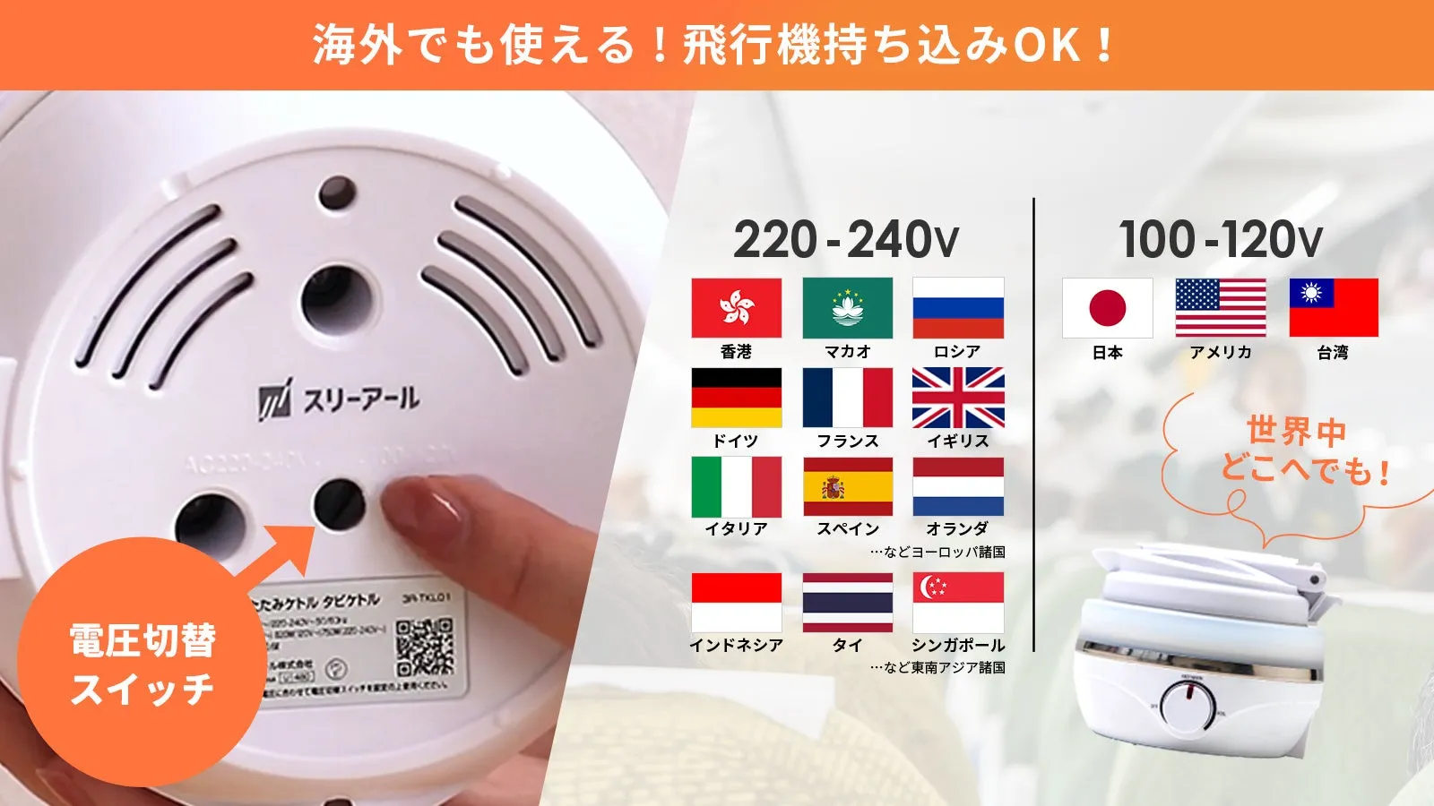 海外でも使えることをアピールした製品の画像。電圧切り替えスイッチと、対応する国の国旗が示されている。