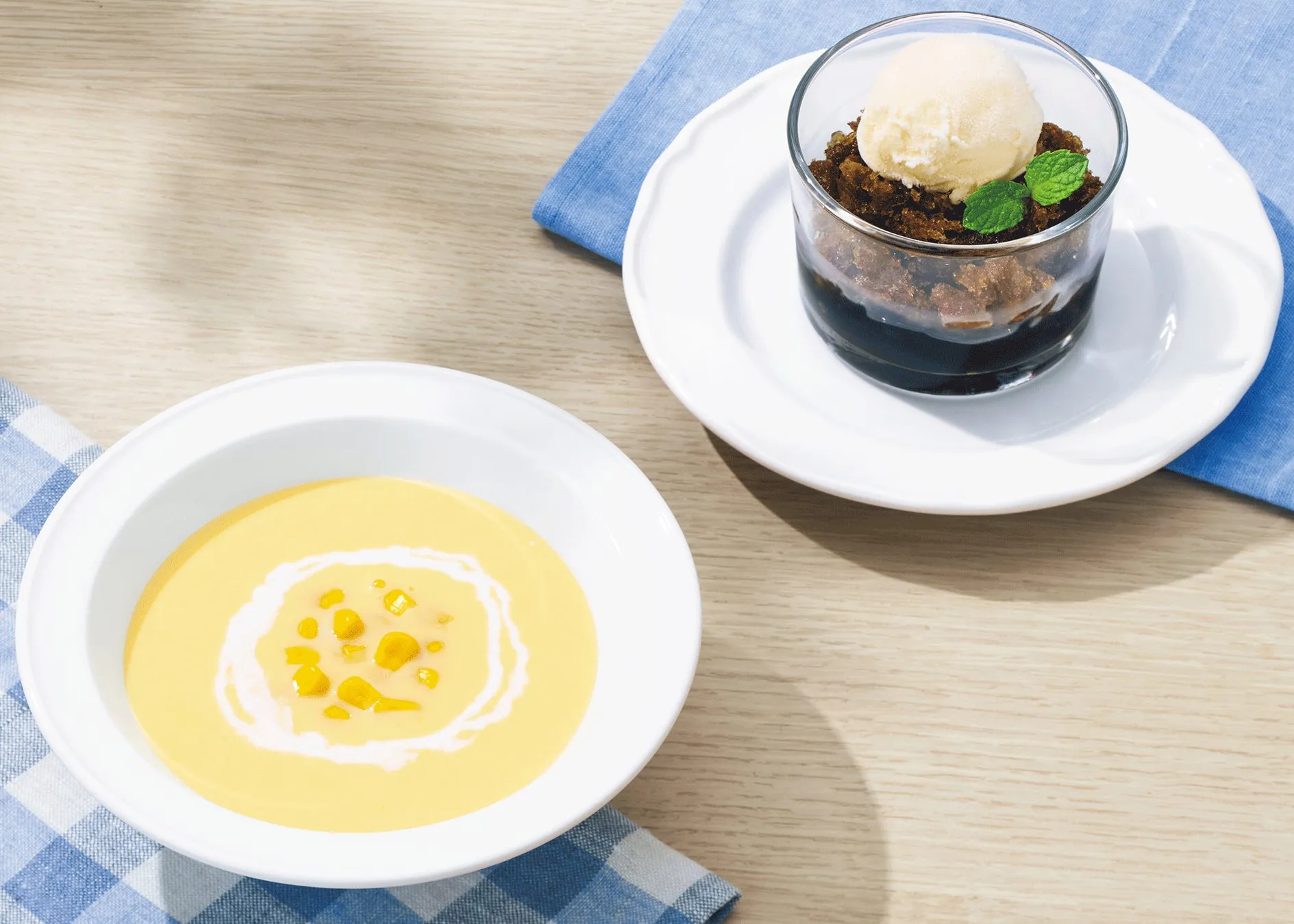 冷製コーンスープとコーヒーグラニータ