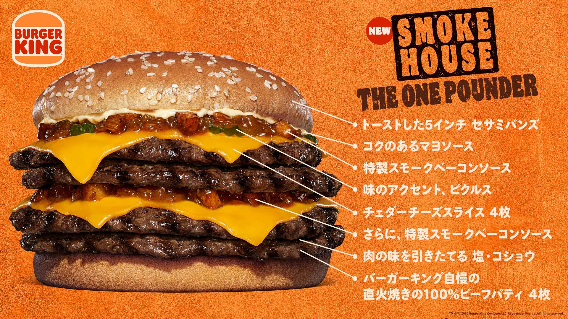 バーガーキングのメニュー「スモークハウス　ザ・ワンパウンダー」の画像。4枚のビーフパティ、チェダーチーズ、特製スモークベーコンソース、ピクルス、マヨネーズソース、ゴマ付きバンズを使用。