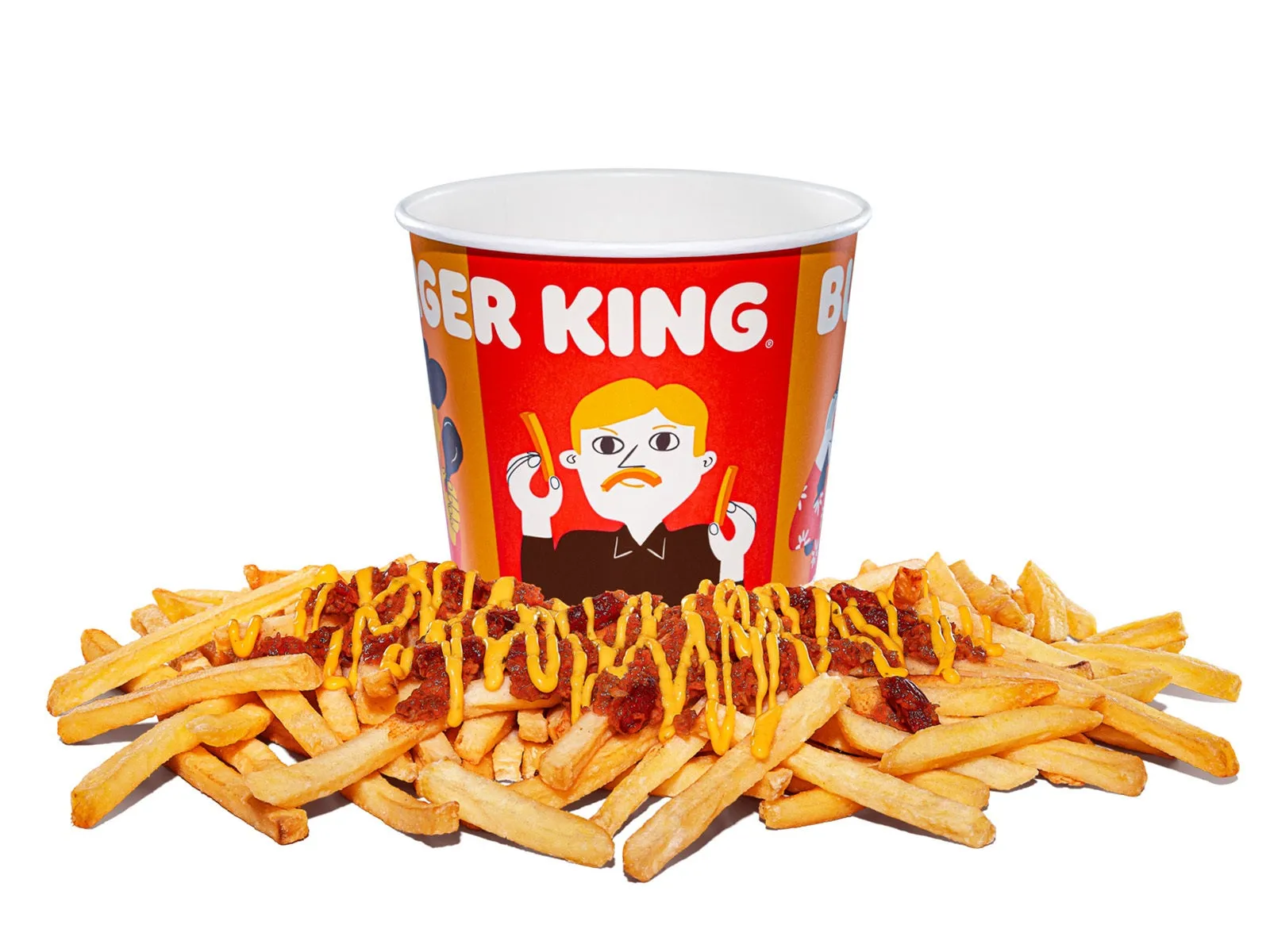 バーガーキングのフライドポテトとカップの画像です。フライドポテトには、チーズとミートソースがかかっています。