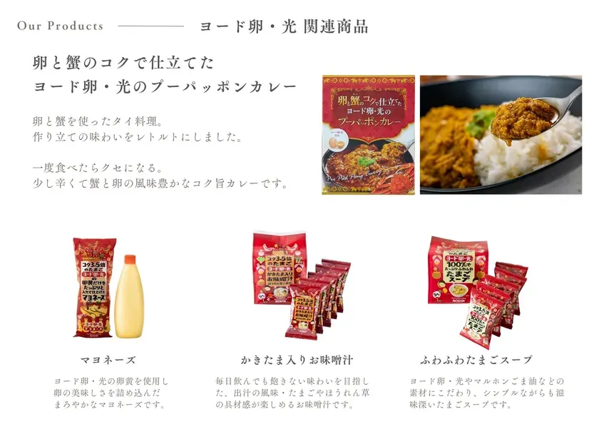 ヨード卵・光の関連商品（カレー、マヨネーズ、味噌汁、スープ）