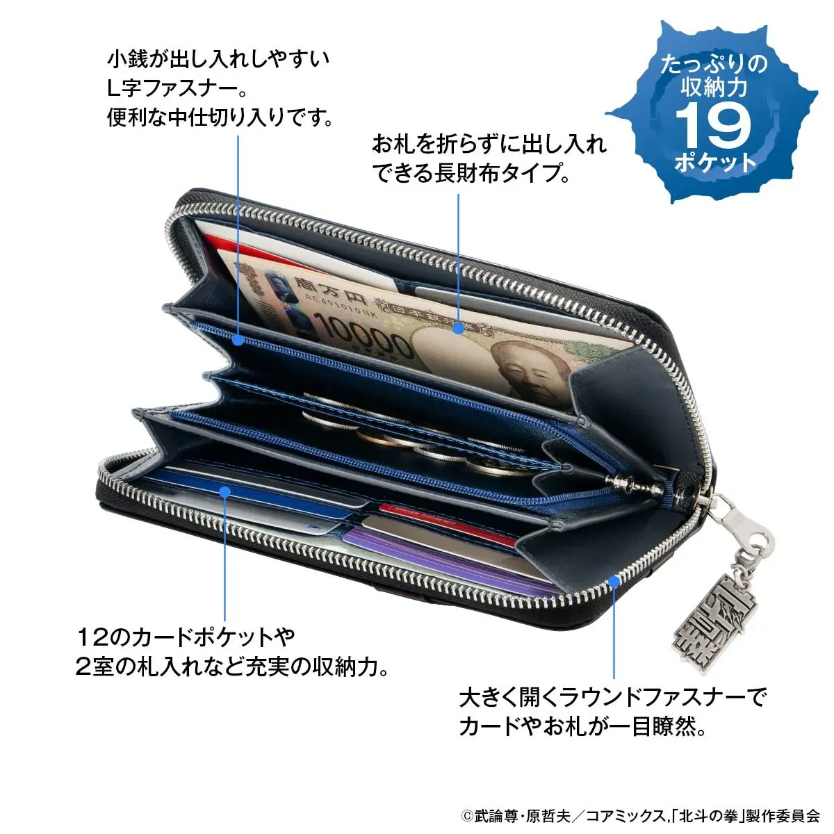 ケンシロウの服装をイメージした茶色のベルトにバックル使い。闘気漂う青×黒のグラデーション調レザーに7つの傷。