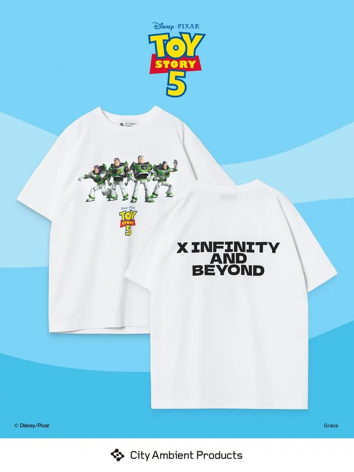ロケットとキャラクターのシルエットがデザインされたTシャツ