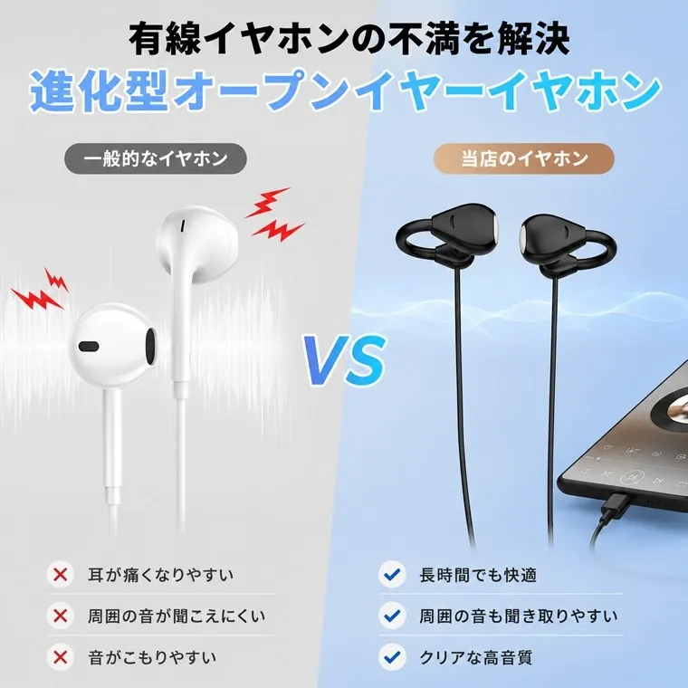 耳をふさがないイヤーカフ型デザイン