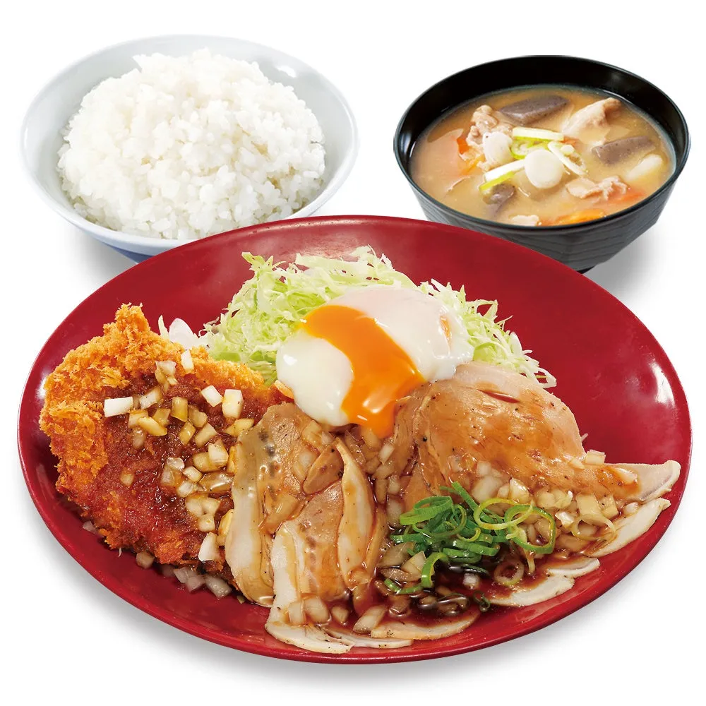 温たま付 ローストポークとロースカツの合い盛り定食