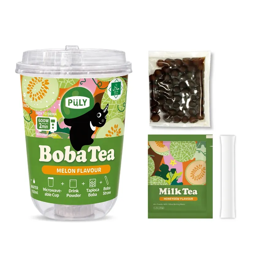 プーリータピオカドリンク(Boba Tea)メロン味セット。フレーバー、タピオカ、ストローがセットになっています。台湾では「Honeydew」、日本では「メロン」の名称で展開している、同じ味わいです。