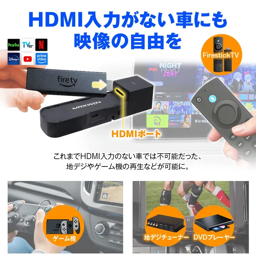 HDMI入力がない車にもゲーム機・DVDプレーヤー・地デジチューナーを接続し映像を楽しめる