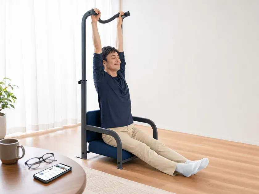  ReSTReTCH ぶらさがりチェアの「のび休み」新習慣！テレワークの首肩こり、驚きの解消法