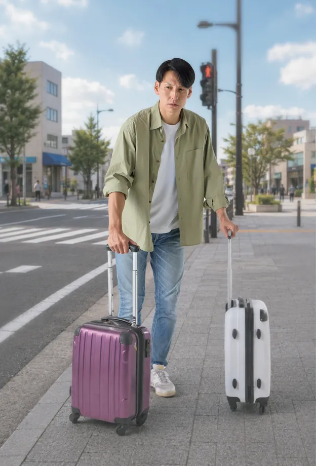 左右の手でスーツケースを一つずつ引く男性