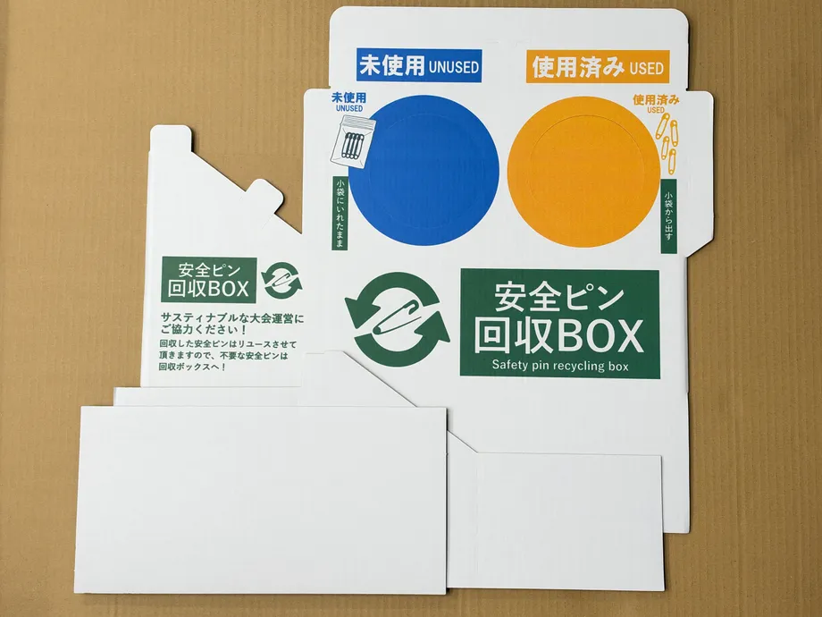 組み立てる前の平らな段ボール製回収ボックスと仕切り部材