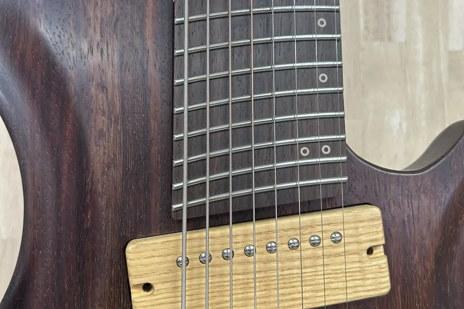 多弦モデルの指板と湾曲したフレットの拡大