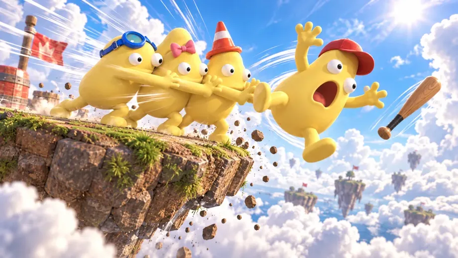 浮島からキャラクターが飛び出すイメージイラスト
