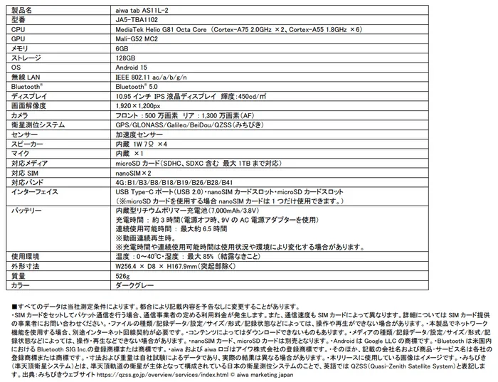 aiwa tab AS11L-2 主な仕様